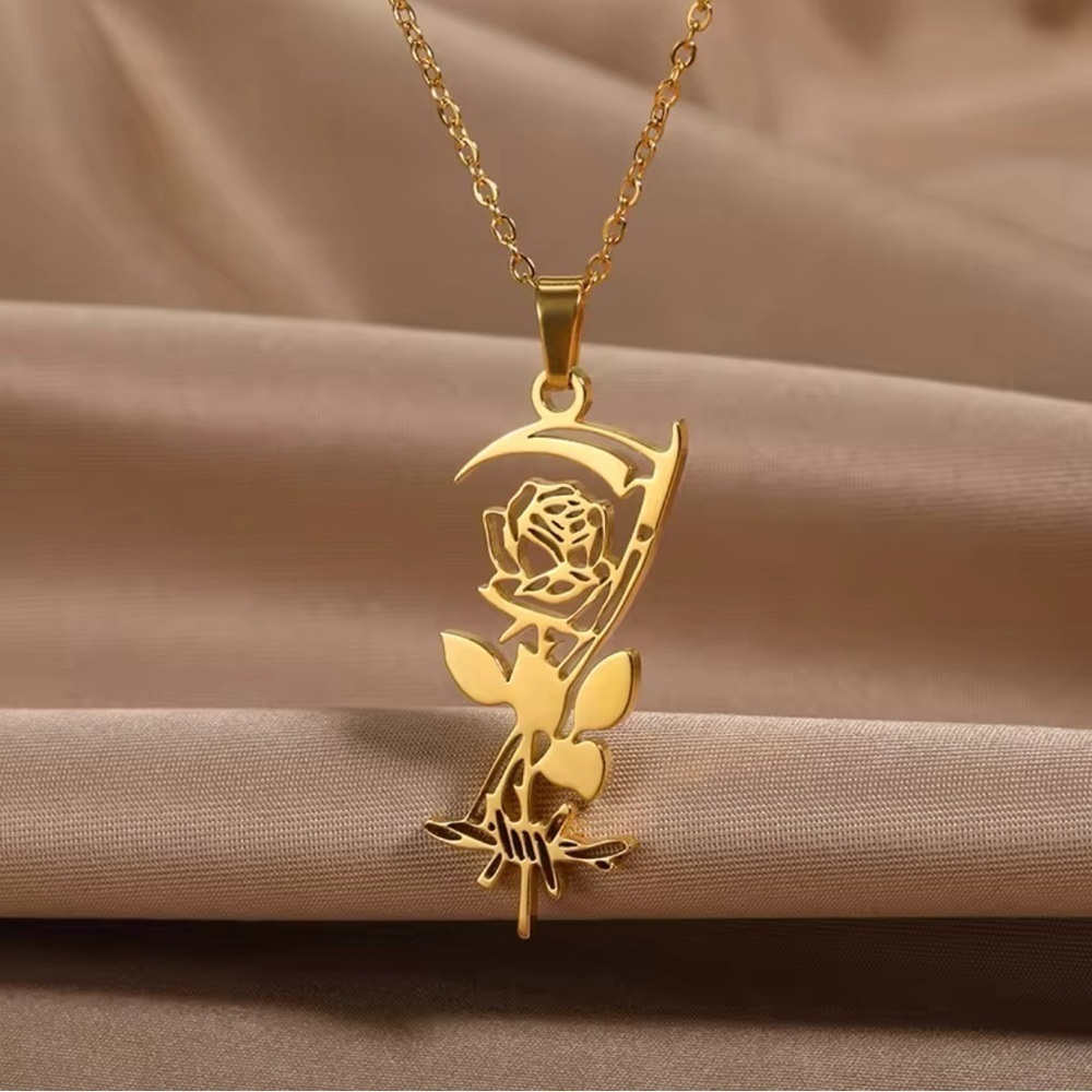 18K Gold Rose & Reapers Scythe Pendant Necklace Witch Biker Goth Punk